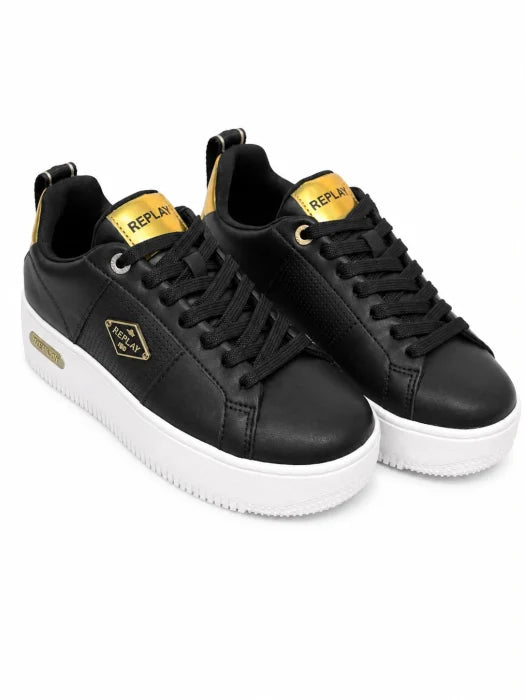 Replay® Pantofi Casual Damă Negri cu Platformă Albă și Detalii Aurii,