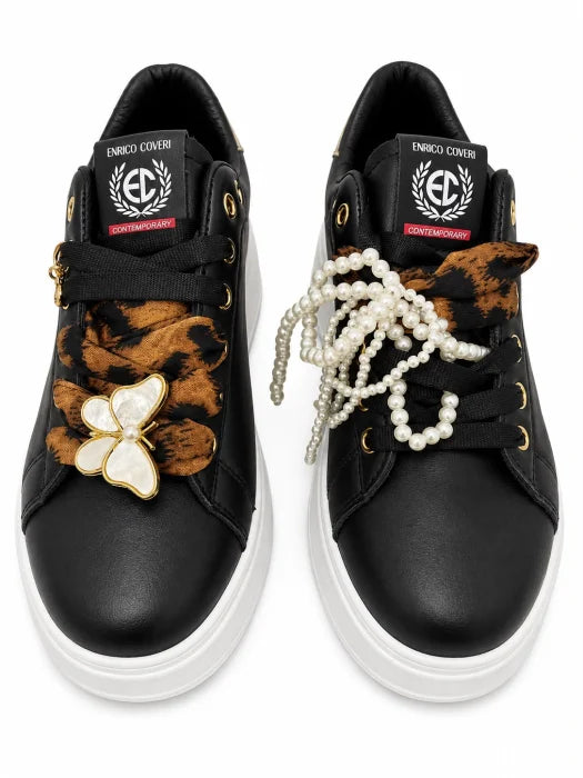 Enrico Coveri® Pantofi Casual Damă Negri cu Platformă Albă și Accente Aurii