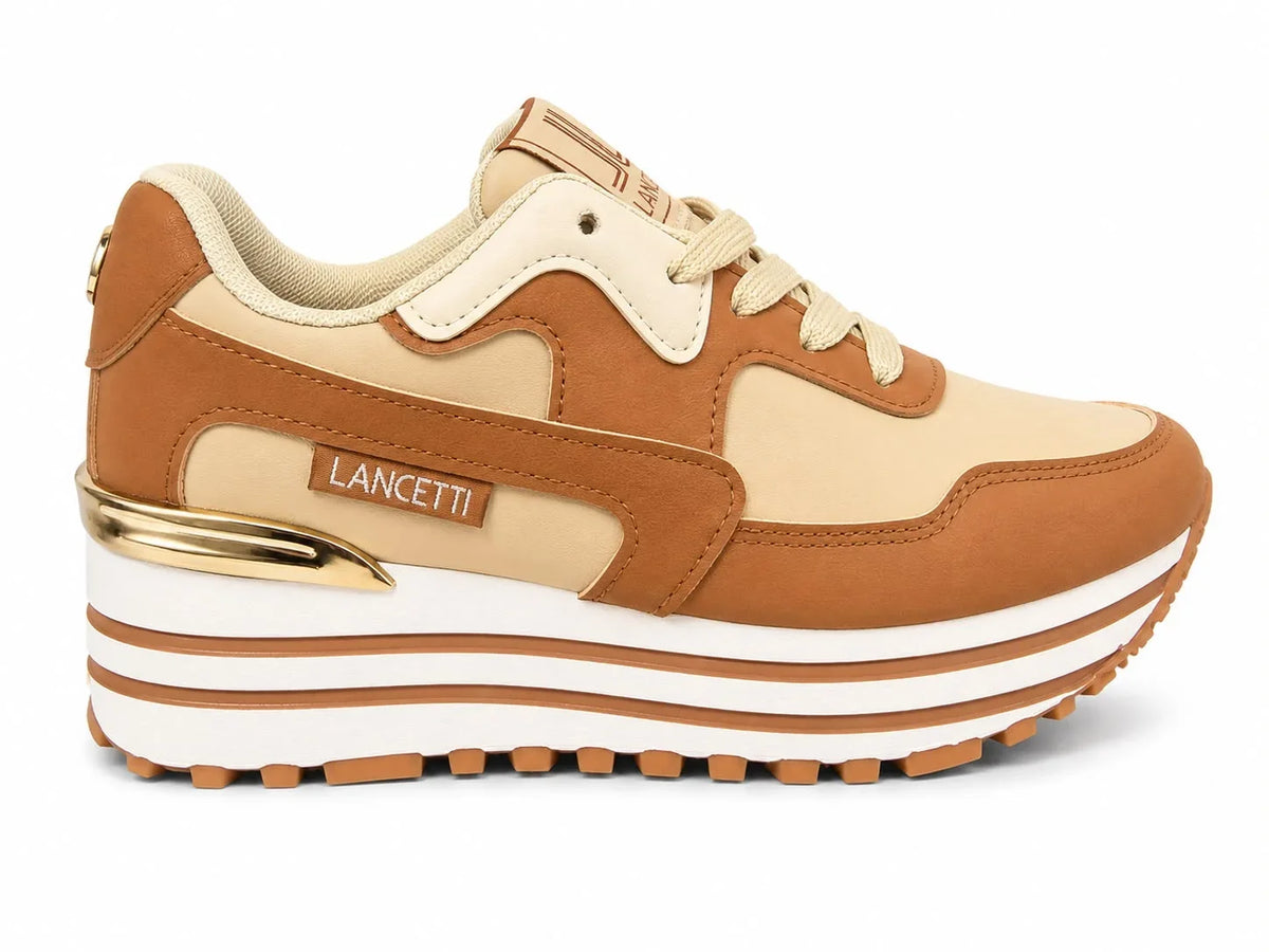 Original Sneakers Damă Camel-Bej cu Platformă Înaltă,