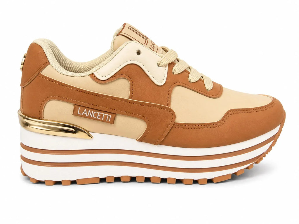 Original Sneakers Damă Camel-Bej cu Platformă Înaltă,