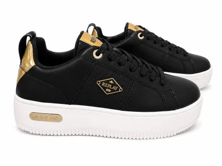 Replay® Pantofi Casual Damă Negri cu Platformă Albă și Detalii Aurii,