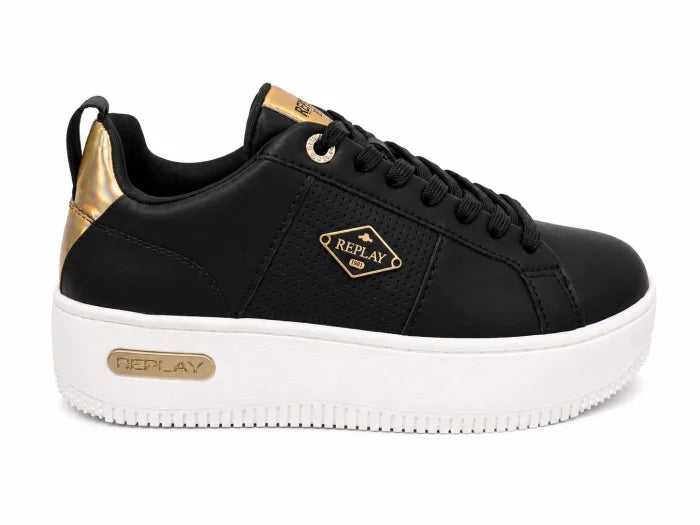 Replay® Pantofi Casual Damă Negri cu Platformă Albă și Detalii Aurii,