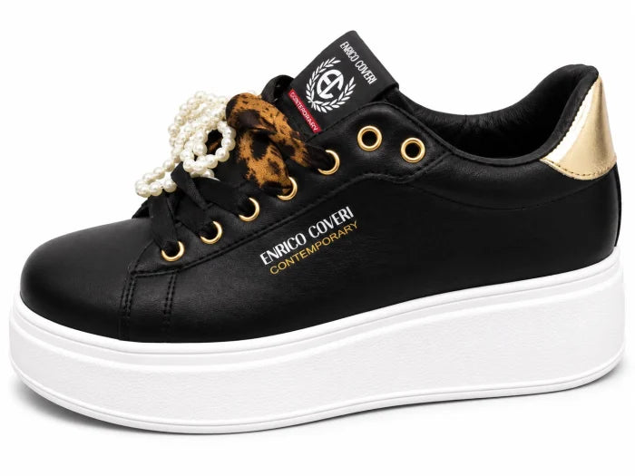 Enrico Coveri® Pantofi Casual Damă Negri cu Platformă Albă și Accente Aurii