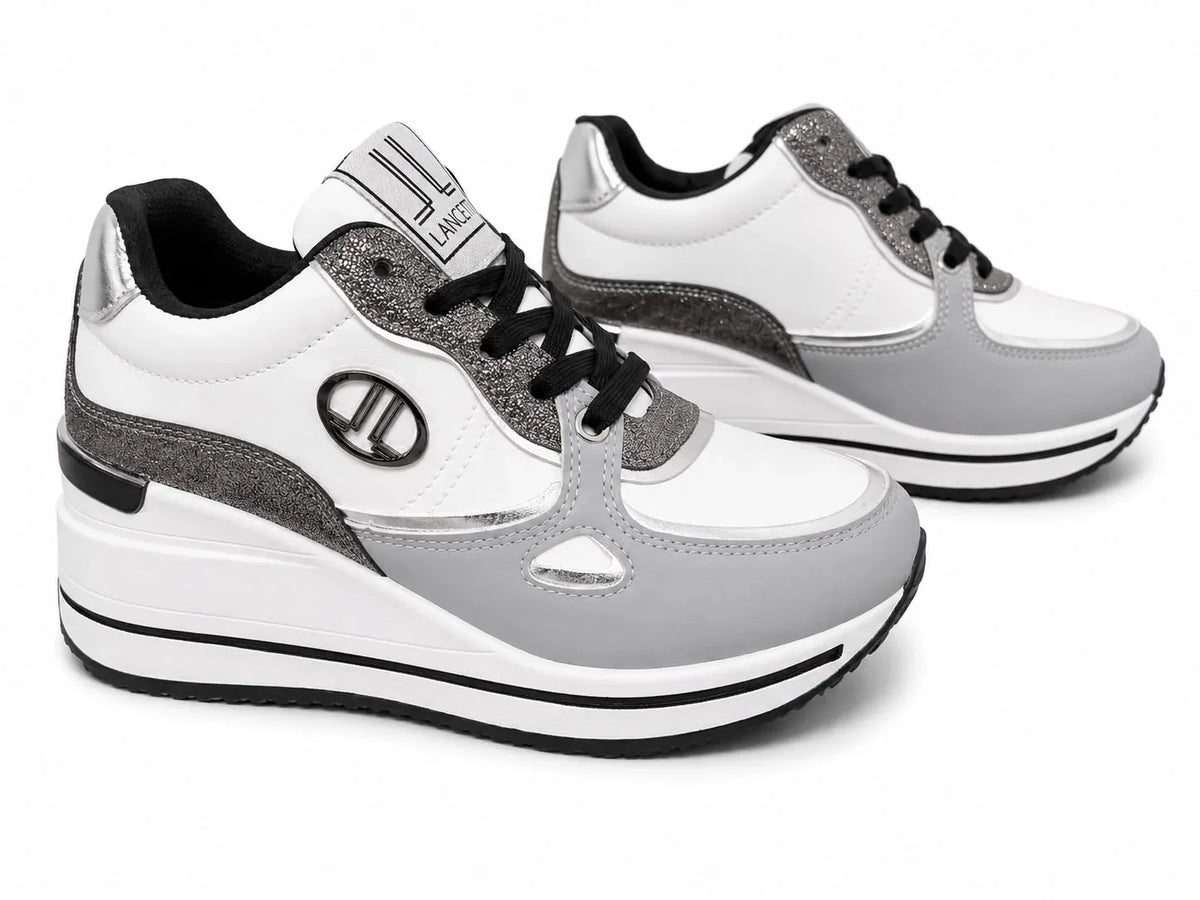 Original Sneakers Damă Alb-Gri cu Platformă Înaltă,