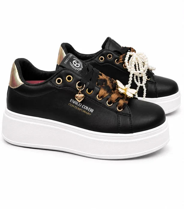 Enrico Coveri® Pantofi Casual Damă Negri cu Platformă Albă și Accente Aurii