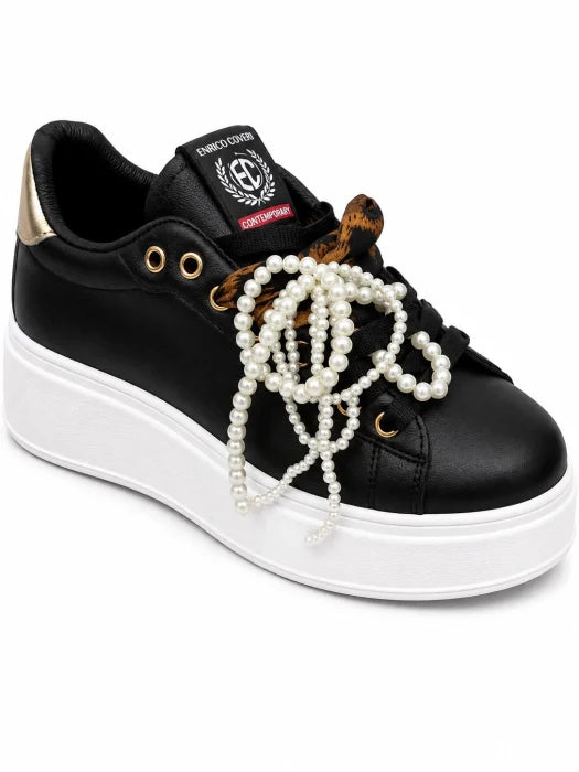 Enrico Coveri® Pantofi Casual Damă Negri cu Platformă Albă și Accente Aurii