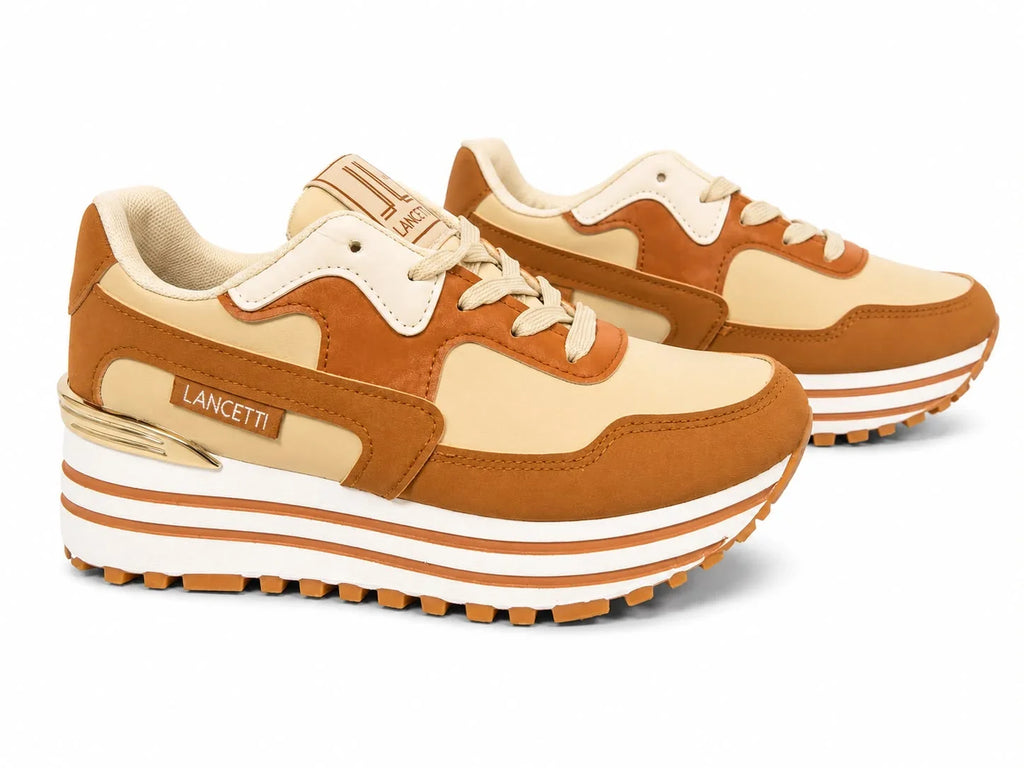 Original Sneakers Damă Camel-Bej cu Platformă Înaltă,