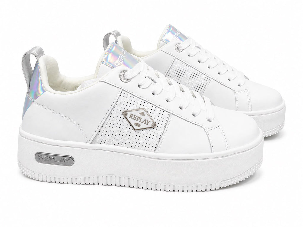 Replay® Pantofi Casual Damă Albi cu Platformă și Accente Holografice