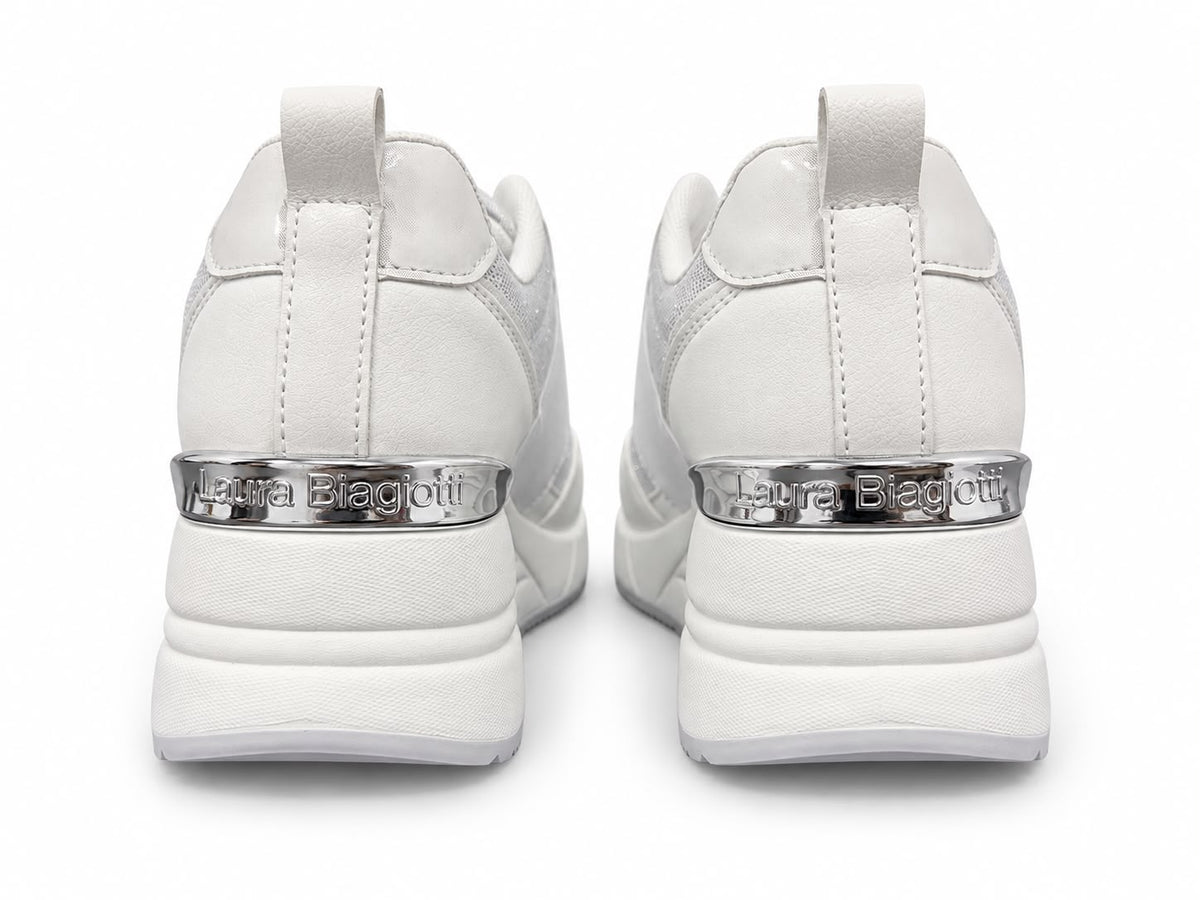 Sneakers Damă Laura Biagiotti White & Silver – Design Elegant Modern, Platformă Înaltă și Detalii Strălucitoare