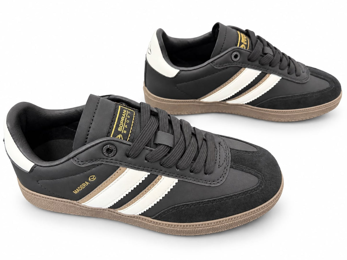 Sneakers Damă Sopran Black & White – Design Urban Retro, Accente Maro și Talpă Gum