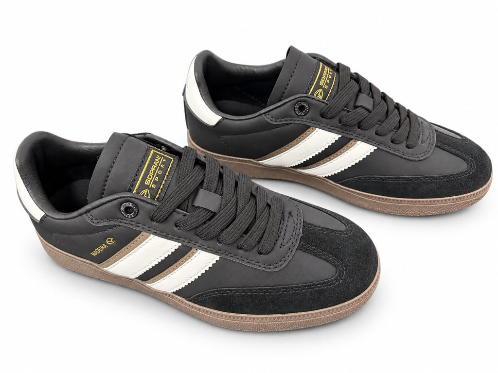 Sneakers Damă Sopran Black & White – Design Urban Retro, Accente Maro și Talpă Gum
