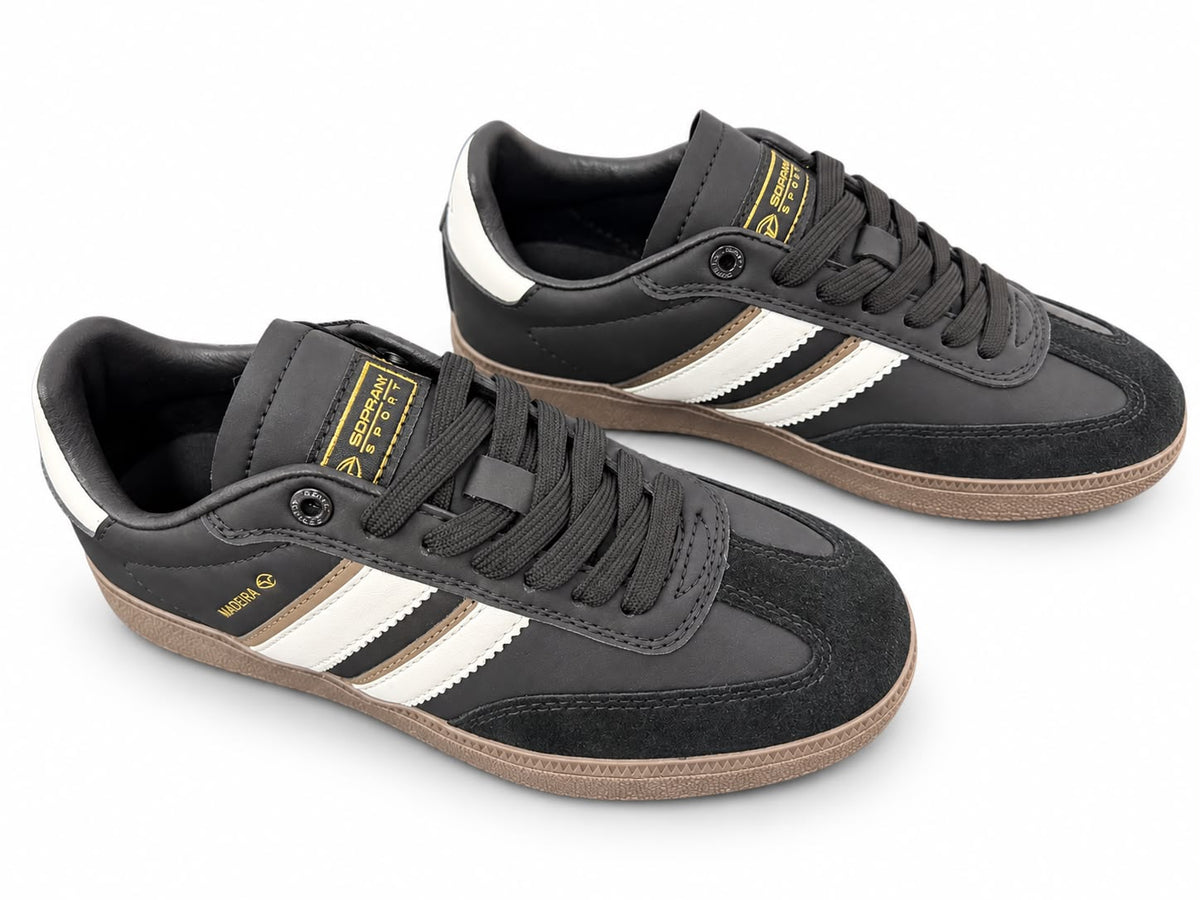 Sneakers Damă Sopran Black & White – Design Urban Retro, Accente Maro și Talpă Gum