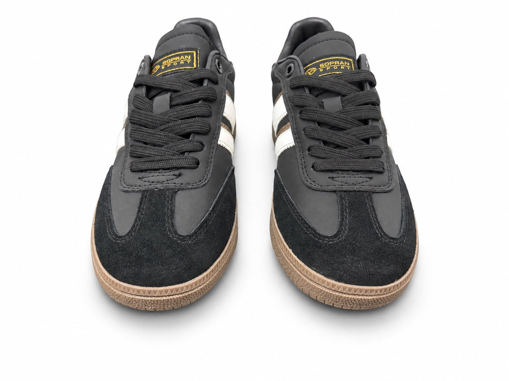 Sneakers Damă Sopran Black & White – Design Urban Retro, Accente Maro și Talpă Gum