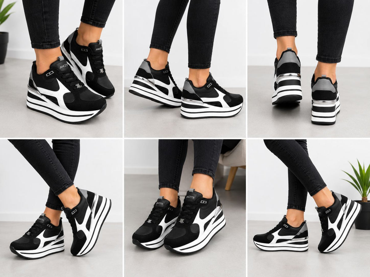 Original Sneakers Damă Negri cu Platformă Înaltă Alb-Negru,