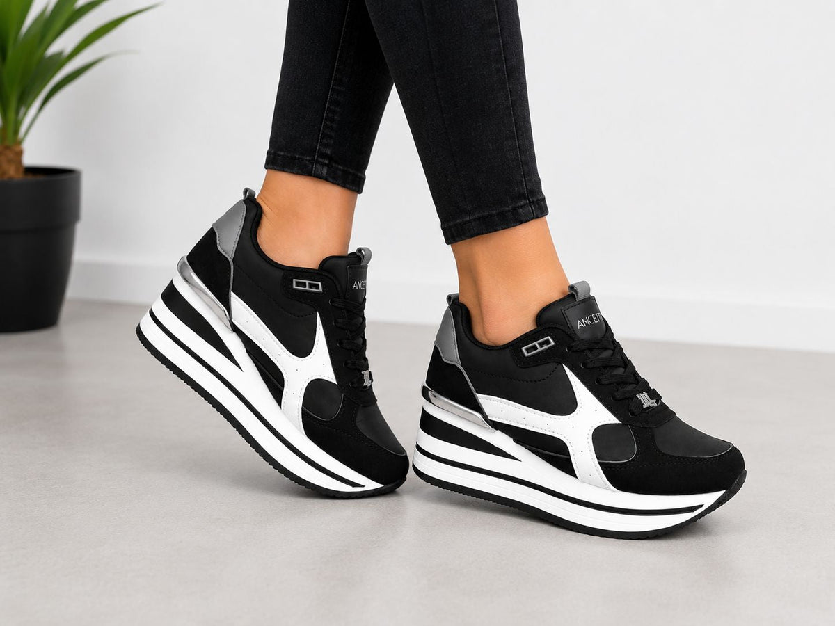 Original Sneakers Damă Negri cu Platformă Înaltă Alb-Negru,