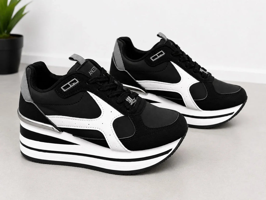 Original Sneakers Damă Negri cu Platformă Înaltă Alb-Negru,