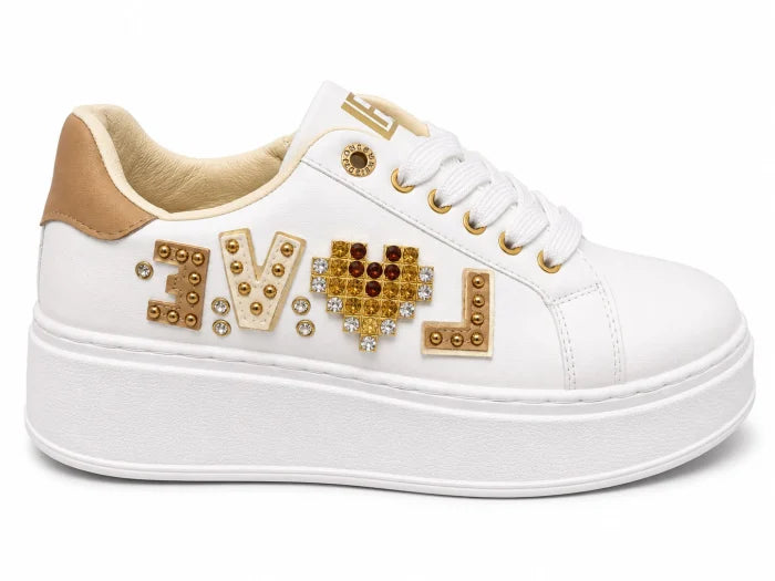 Laura Biagiotti® Pantofi Casual Damă Albi cu Platformă și Detalii Aurii,