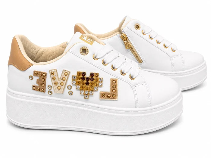 Laura Biagiotti® Pantofi Casual Damă Albi cu Platformă și Detalii Aurii,
