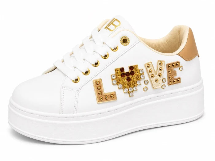 Laura Biagiotti® Pantofi Casual Damă Albi cu Platformă și Detalii Aurii,